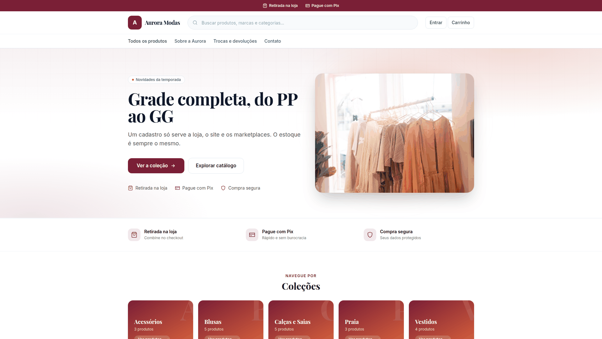 Loja virtual de uma boutique de moda: menu com páginas, banner com foto, selos de retirada na loja e Pix, e a grade de coleções por categoria